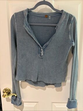 Free People Light Blue Waffle Knit Henley Long Sleeve Top